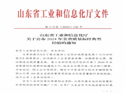 天意機械榮獲2024年全省質量標桿獎